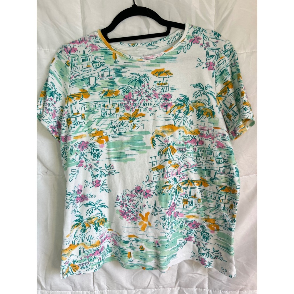Kim Rogers Perfectly Soft Women's Size S Tropical Scene T Shirt Top Short White